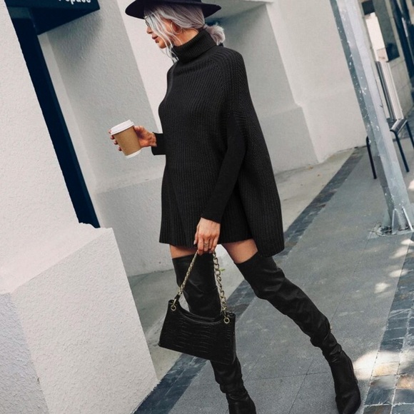 Preppy turtleneck ribbed knit slit poncho sweater cloak sleeve - Picture 5 of 7